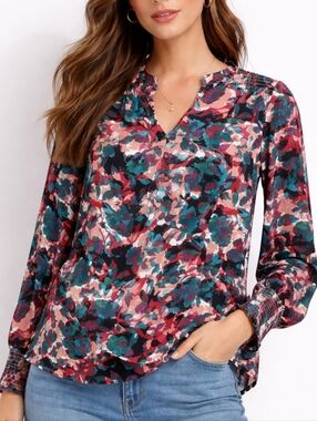 Zac & Rachel Teal Pink and Black Abstract Floral V-Neck Blouse (Size:large)